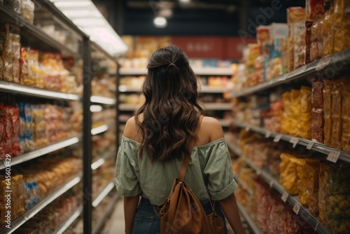 Wallpaper Mural Back view of young woman standing in front of shelf in supermarket. Torontodigital.ca