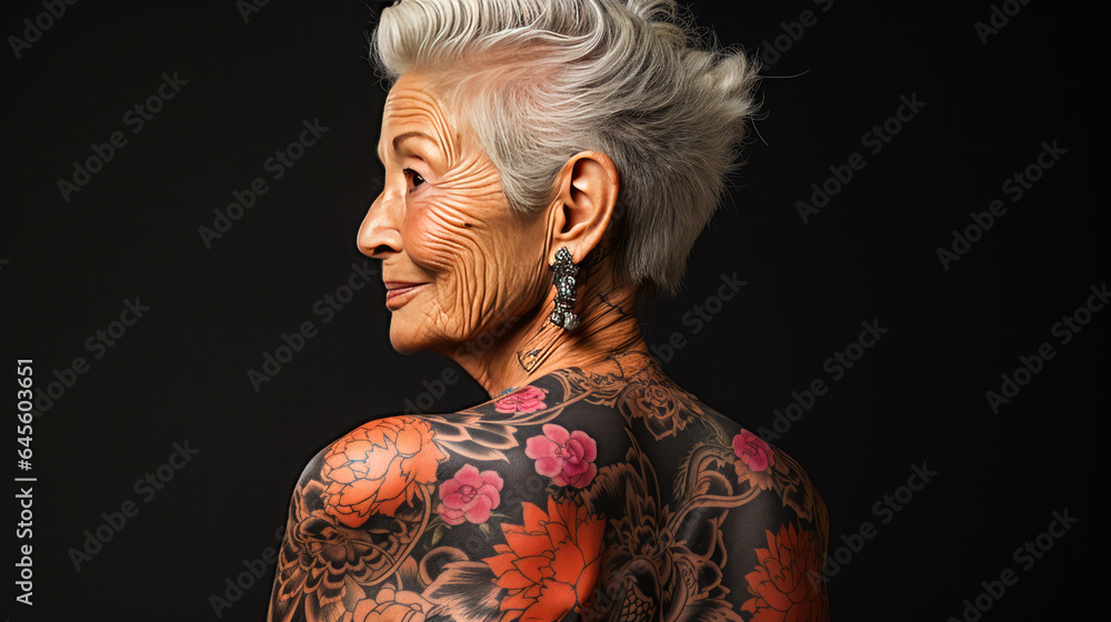 Fototapeta premium Inspiring elderly lady with white hair revealing back tattoos, oozing confidence on a plain backdrop, vibrantly symbolizing self-expression and grace in aging.