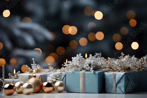 Silver gift boxes with golden ribbon bow tag and ornaments balls over blurred bokeh lights with copy space for holiday or Christmas present