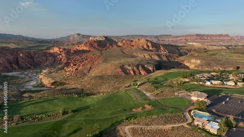 Aerial desert golf course green St George Utah 3. subdivision neighborhood residential golf course homes. Recreation and retirement sport, desert mountain valley homes. Residential Housing economy. photo