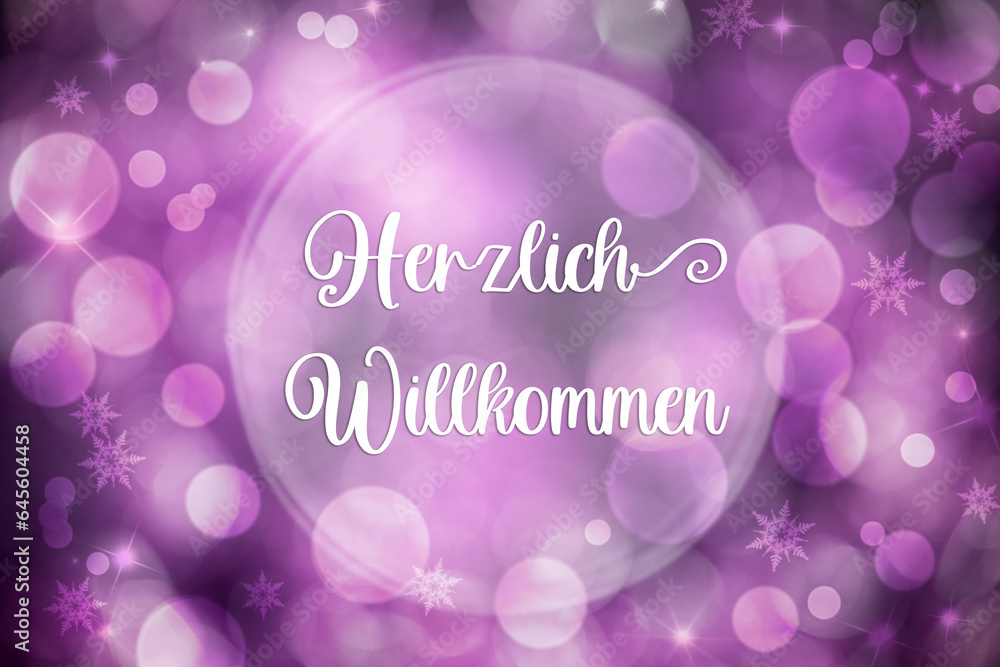 Words Herzlich Willkommen, Means Welcome, Purple Christmas Background Words Herzlich Willkommen, Means Welcome, Purple Christmas Background
