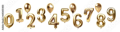 Golden Number Balloons, 0, 1, 2, 3, 4, 5, 6, 7, 8, 9. Foil balloons on transparent background. Helium ballons. Party, birthday, celebrate anniversary and wedding. photo