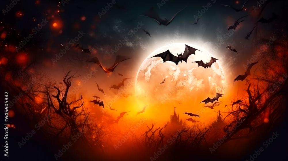 Bats and full moon over a scary forest, idea for a Halloween postcard or banner.