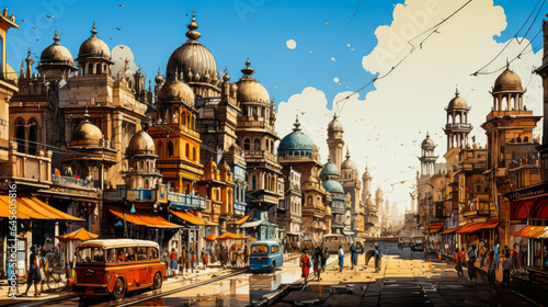 Exquisite ornately carved Indian facade in vibrant hues, bustling street vendors and tuk-tuks captured upfront. A captivating blend of urban life, architecture, travel and art.
