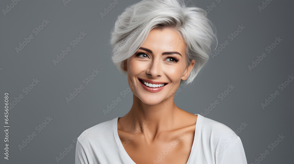 Close up of woman Beautiful gorgeous 60s mid age beautiful elderly senior model woman with grey hair laughing and smiling, white background.