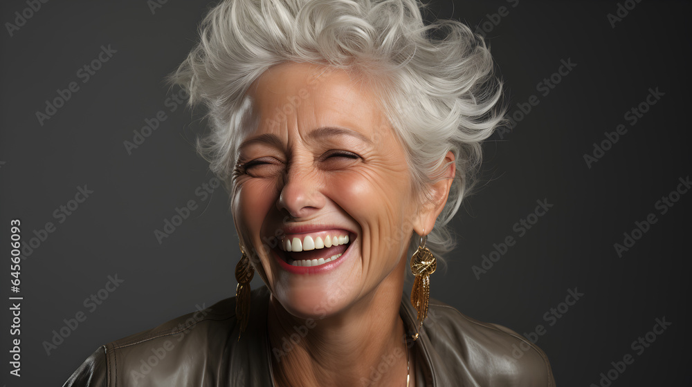 Close up of woman Beautiful gorgeous 60s mid age beautiful elderly senior model woman with grey hair laughing and smiling, white background.