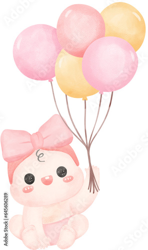 Baby shower girl with balloons watercolor © Natsicha
