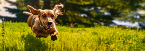 Dachshund runs through clearing, banner concept with copy space for World Animal Day.