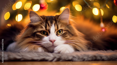 Lazy cat resting on a warm blanket near a Christmas tree