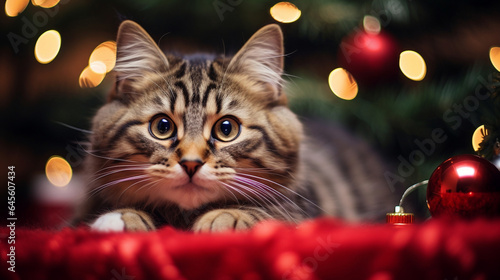 Lazy cat resting on a warm blanket near a Christmas tree