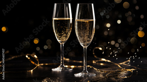 glasses of champagne on a dark background with New Year's lights