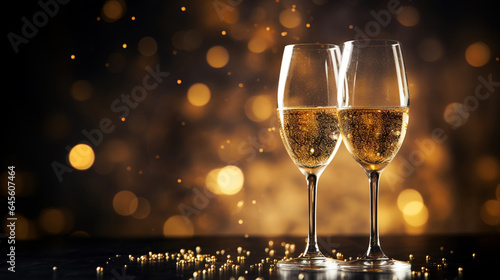 glasses of champagne on a dark background with New Year's lights