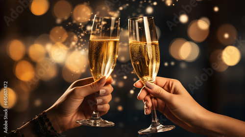 Couple holding glasses of champagne, New Year's toast and feast
