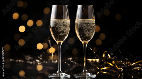 glasses of champagne on a dark background with New Year's lights