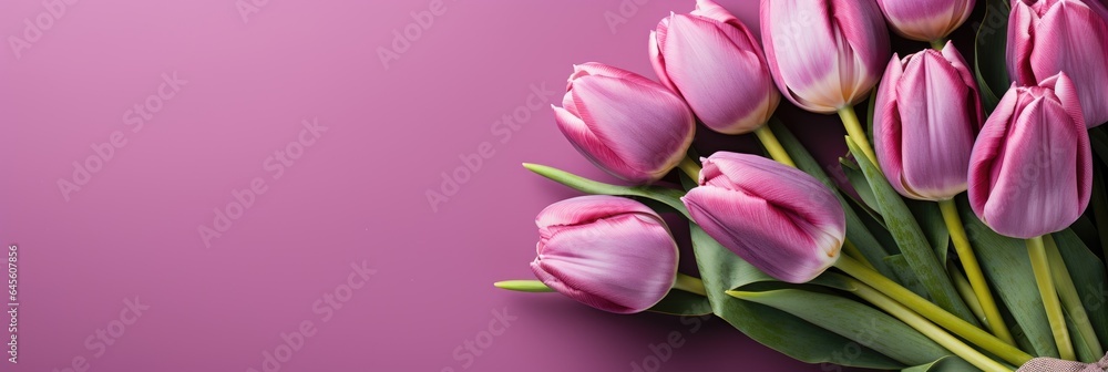tulips on purple background, copy space