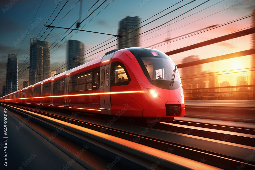 A red and white train traveling down train tracks. High-speed suburban train at sunset.