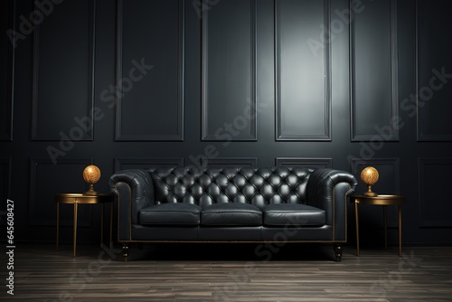 Dark blue sofa and recliner chair in scandinavian apartment. Interior design of modern living room. © Azar