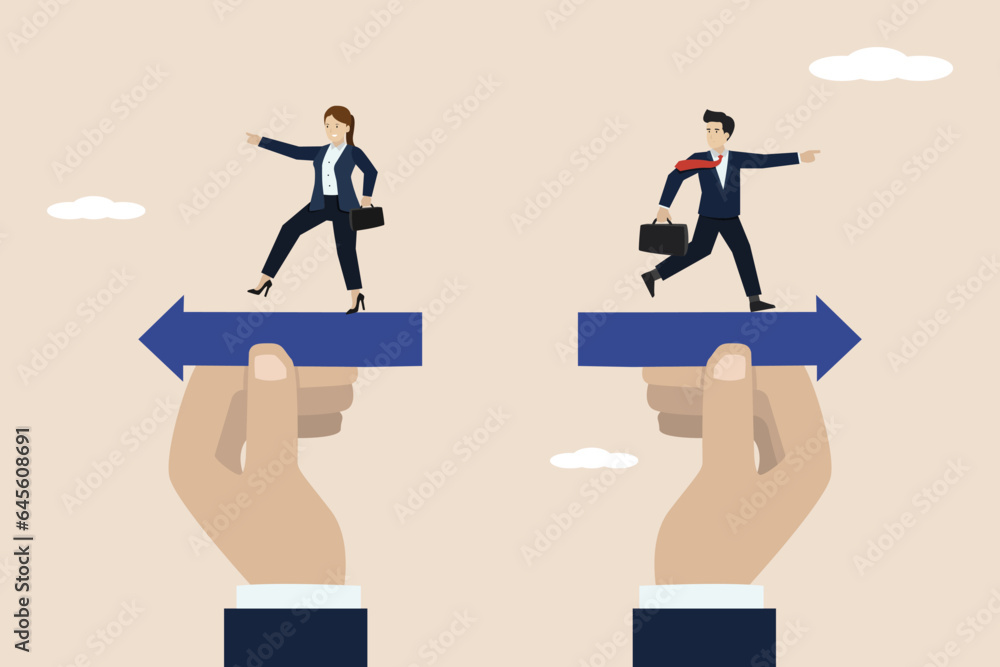 Fototapeta premium Different individual ways, business direction or team conflict, opposing decisions or disagreements, businessman and business woman carrying bags running in opposite directions.