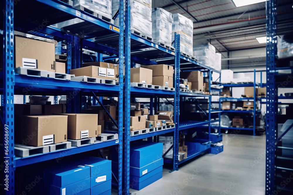 A large warehouse filled with neatly stacked plastic containers and boxes. Large space for storing and moving goods. Logistics. Trade in the modern world. A large warehouse filled with neatly stacked plastic containers and boxes. Large space for storing and moving goods. Logistics. Trade in the modern world.