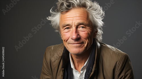 Close up of man 75s age elderly senior model man with grey hair laughing and serious, white background. © Nawarit