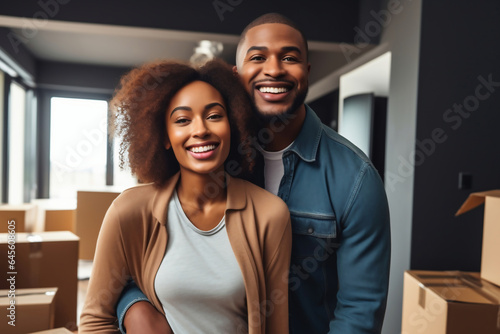 Young happy black married couple in their new home after moving in. Young cheerful people hugging in a new house or apartment. New homeowners. Mortgage. Rental Property.
