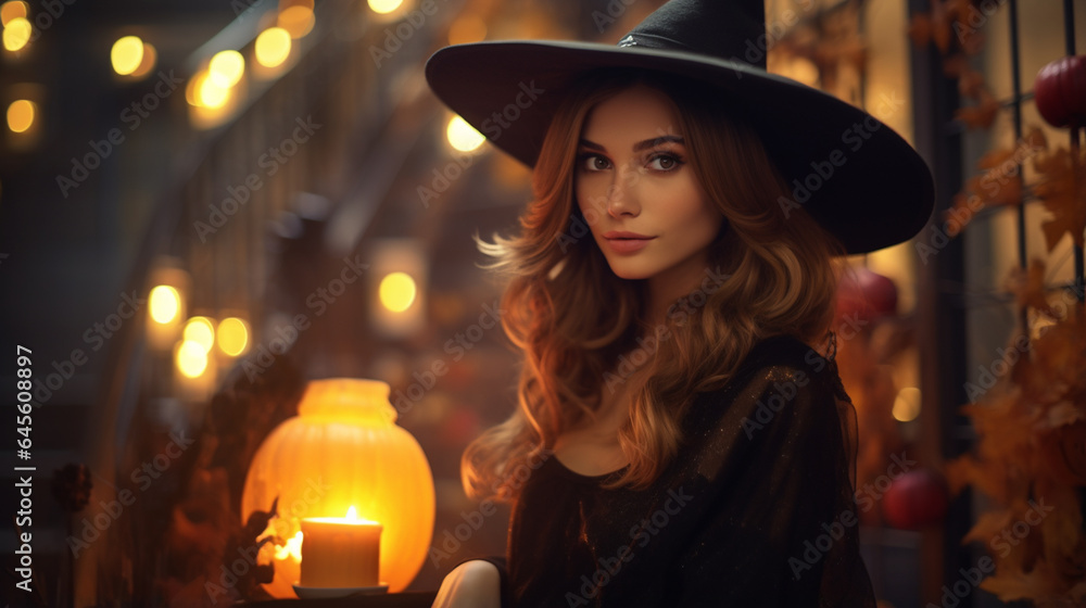 Young woman dressed in a witch costume, on Halloween. Young woman dressed in a witch costume, on Halloween.