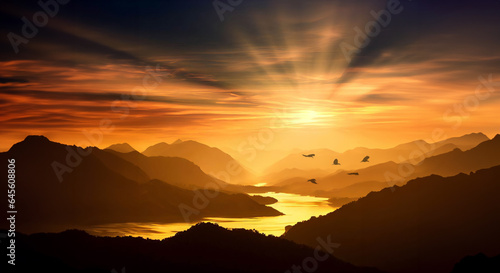 Landscape view of beautiful sunset with birds flying over the silhouetted mountains and a river bathed in golden light.
