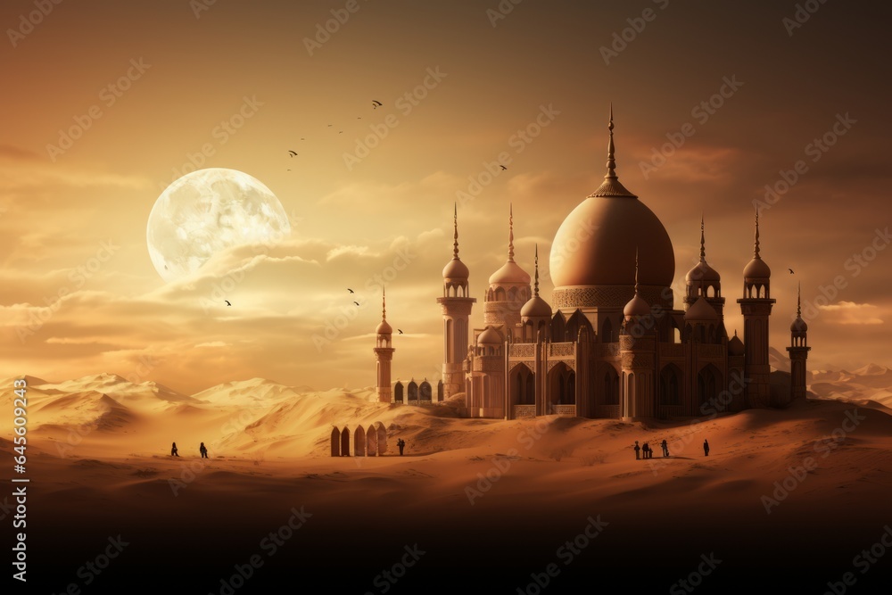 illustration of a mosque in the desert with the beautiful moon in the background