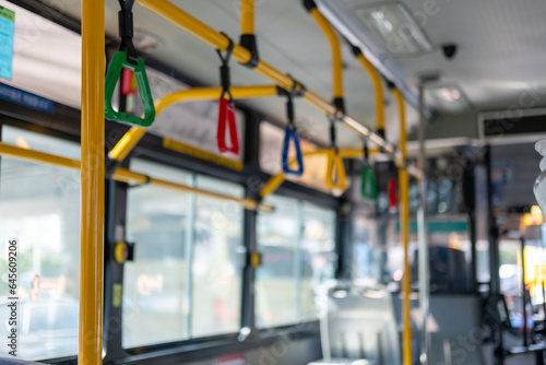 Interior view of the bus with hand grip, in Seoul, South Korea