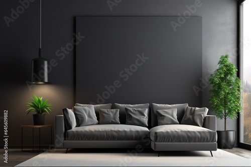In a luxury living room interior background, a modern living room mockup showcases a dark blue sofa, ... © Azar