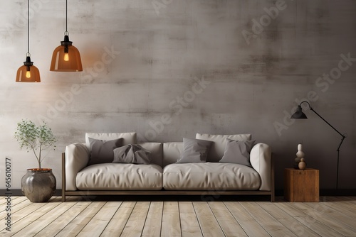 Terra cotta velvet sofa near wainscoting paneling wall. Mid century interior design of modern living room. Created with