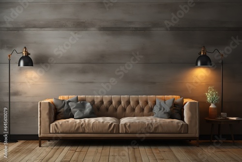 Terra cotta velvet sofa near wainscoting paneling wall. Mid century interior design of modern living room. Created with photo
