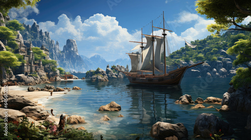Hyper-realistic fantasy harbor with sailboats anchored in calm waters, surrounded by a beach, forested hill, and weathered rocks. © GraphicsRF