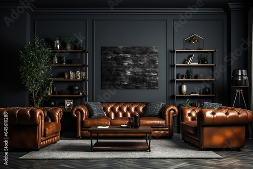 Modern luxury dark living room interior background with grey armchair, dark room interior mock up, black empty wall mockup, vintage living room mockup