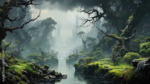 Hyper-realistic depiction of a misty fantasy swamp in spring with twisted trees and moss-covered rocks.
