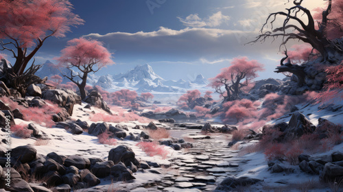 A hyper-realistic fantasy meadow in winter with snow-covered ground, bare trees, and icy stones.