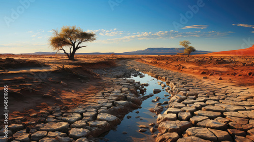 Tales of drought told through shimmering stones in a hyper-realistic fantasy dry riverbed.