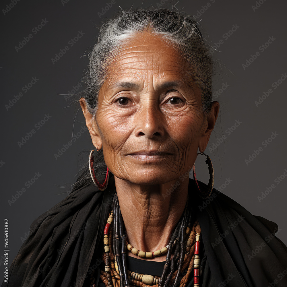 Fototapeta premium Detailed headshot of a neutral Native American woman.