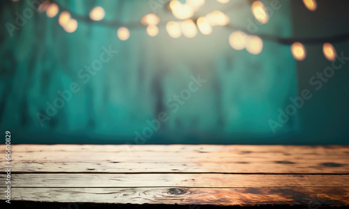 Christmas Background With A Rustic Wooden Table In The Foreground, Fairy Lights in the Background