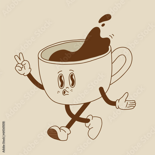 Retro poster with coffee mascot, cartoon characters, funny colorful doodle style characters, cappuccino, cocoa, latte, espresso. Vector illustration on beige isolated background.