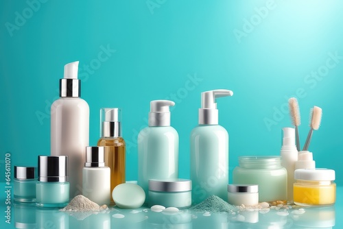 Set of cosmetic products on turquoise background. Skin care concept