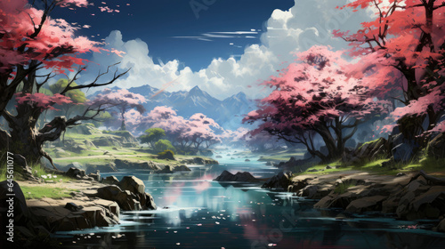 Hyper-realistic fantasy mountains in spring with flowing waterfalls and fresh green trees surrounding a clear, sparkling river, with big stones lying near the water's edge.