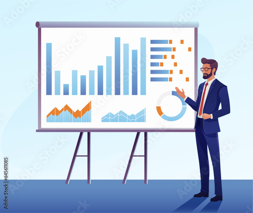 A business man speaker presenting or teaching in front of a projector screen with charts and graphs infographics. At a presentation, seminar lecture or training conference talk.