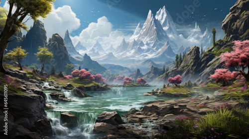 Hyper-realistic fantasy mountains in spring with flowing waterfalls and fresh green trees surrounding a clear  sparkling river  with big stones lying near the water s edge.