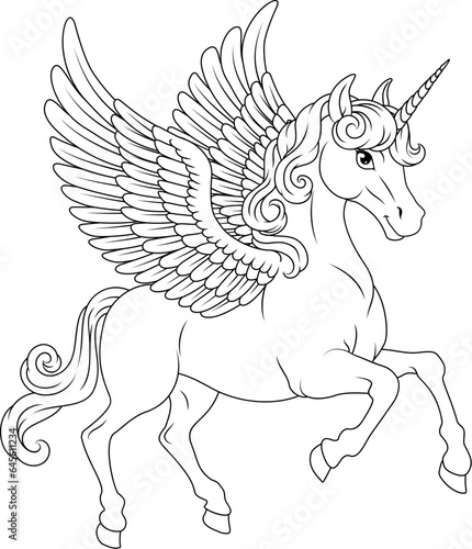 Unicorn Pegasus horse with wings and horn cartoon mythological animal from Greek myth illustration