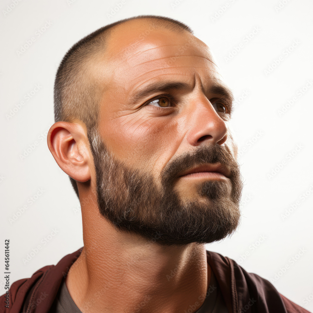 Obraz premium Professional studio head shot of a serene 40-year-old Middle Eastern boy, his eyes looking down to the right.