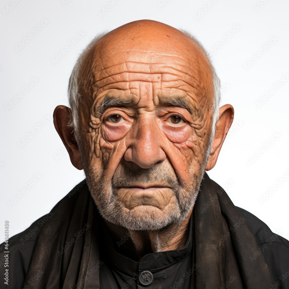 A full head shot of an 88-year-old Middle Eastern man with a saddened expression. A full head shot of an 88-year-old Middle Eastern man with a saddened expression.