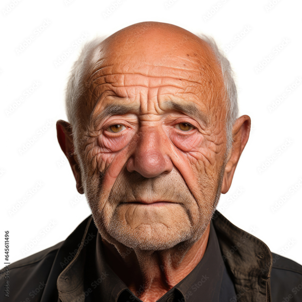 A full head shot of an 88-year-old Middle Eastern man with a saddened expression. A full head shot of an 88-year-old Middle Eastern man with a saddened expression.