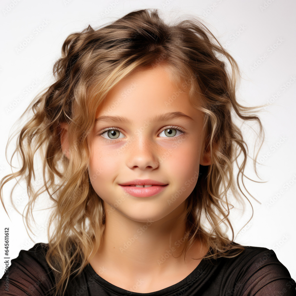 Professional studio head shot of a joyful 7-year-old Caucasian girl, eyes looking left. Professional studio head shot of a joyful 7-year-old Caucasian girl, eyes looking left.