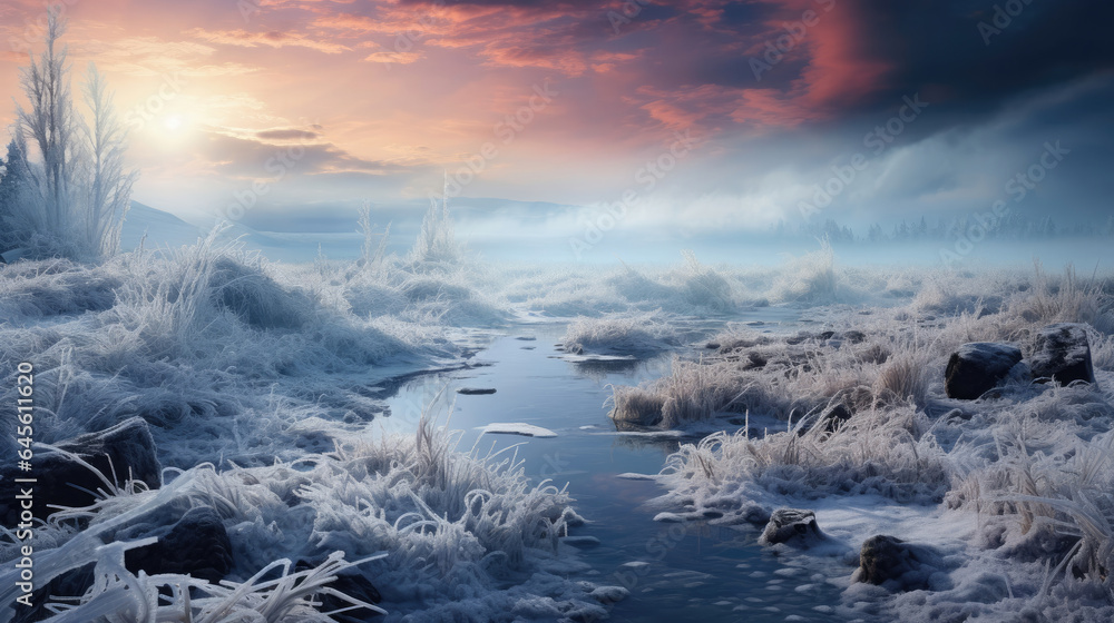A hyper-realistic fantasy marsh in winter with ethereal fog, ice patterns, and snow-covered rocks.